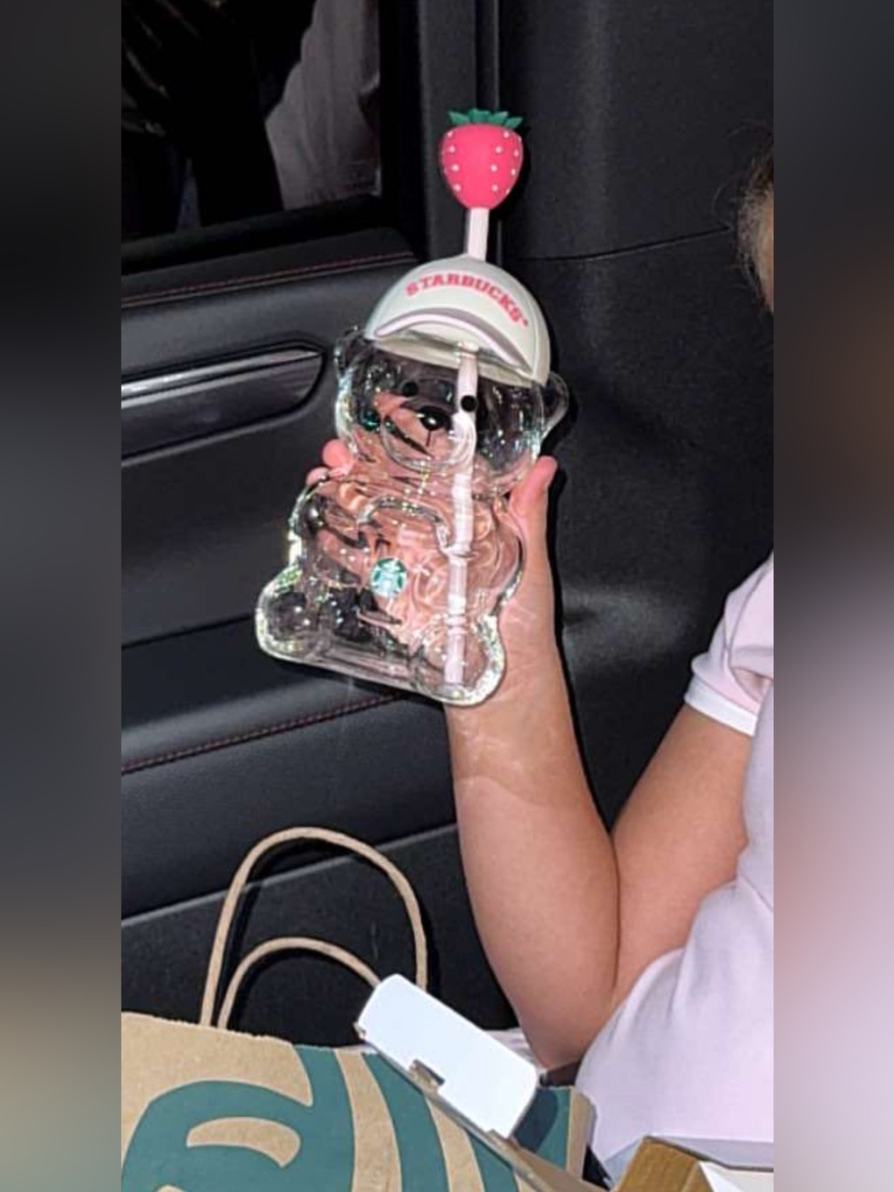 Starbucks Clear Bear Tumbler with Pink Strawberry Topper and White Lid